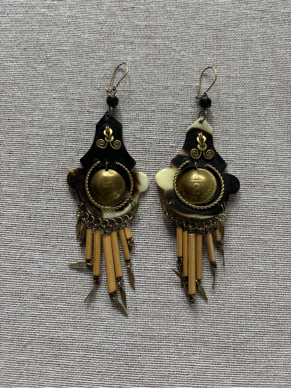 Vintage Sol de Oro Peruvian dangly mixed media artisan boho earrings.